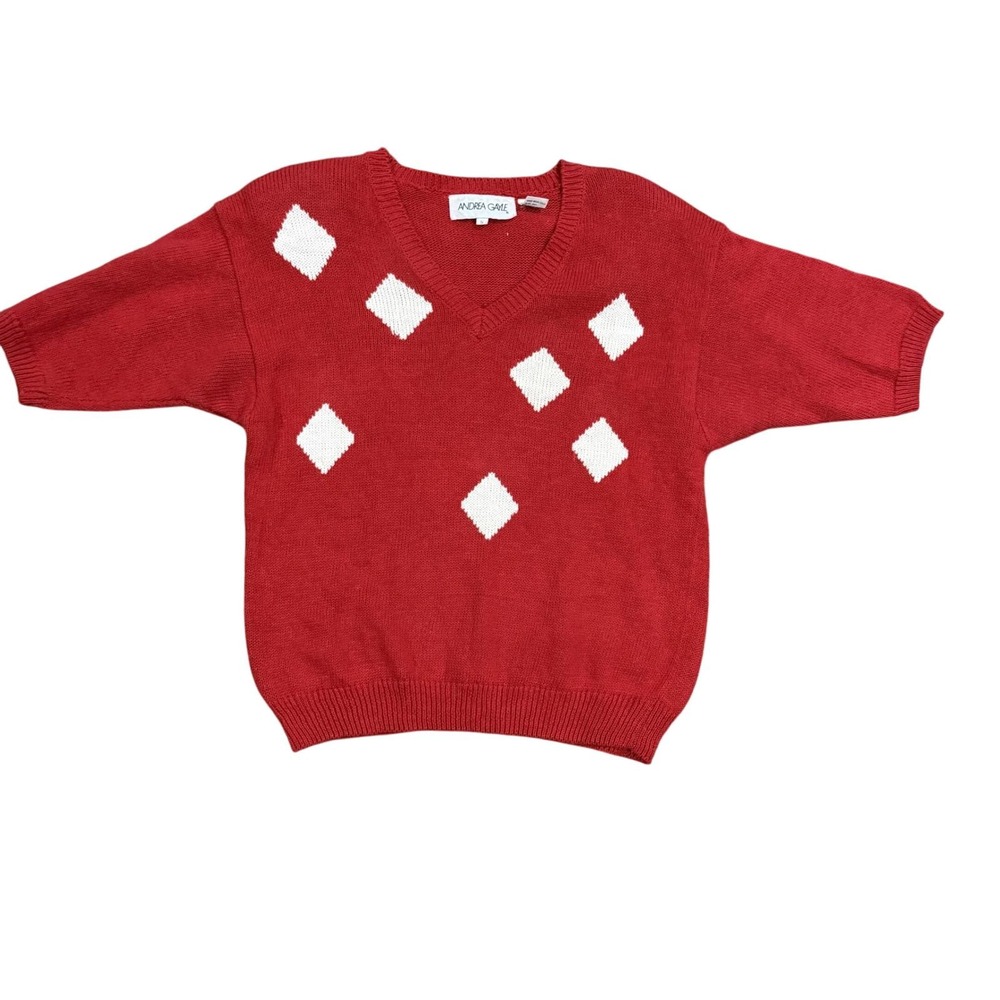 Andrea Gayle Red Argyle Knit Short Sleeve Sweater Womens Size Small